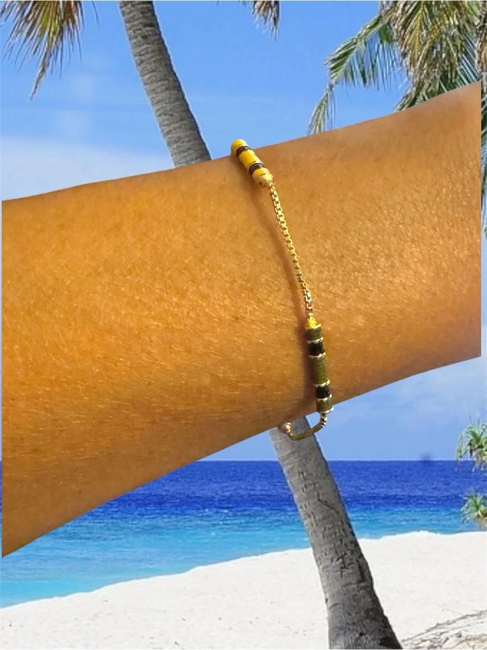 Tory Burch Dainty Gold Chain Bracelet with Yellow and Black Beads